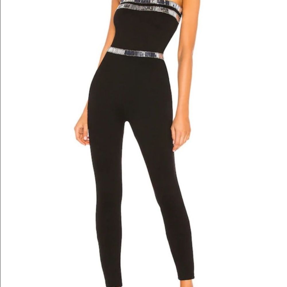 H:ours Beatrix Black Silver Sequin Trim Jumpsuit